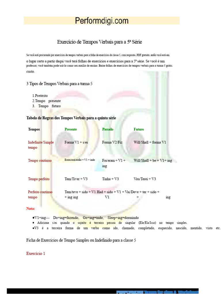 Exercícios de Tempos Verbais 5ª Série | PDF | Mecânica da linguagem ...