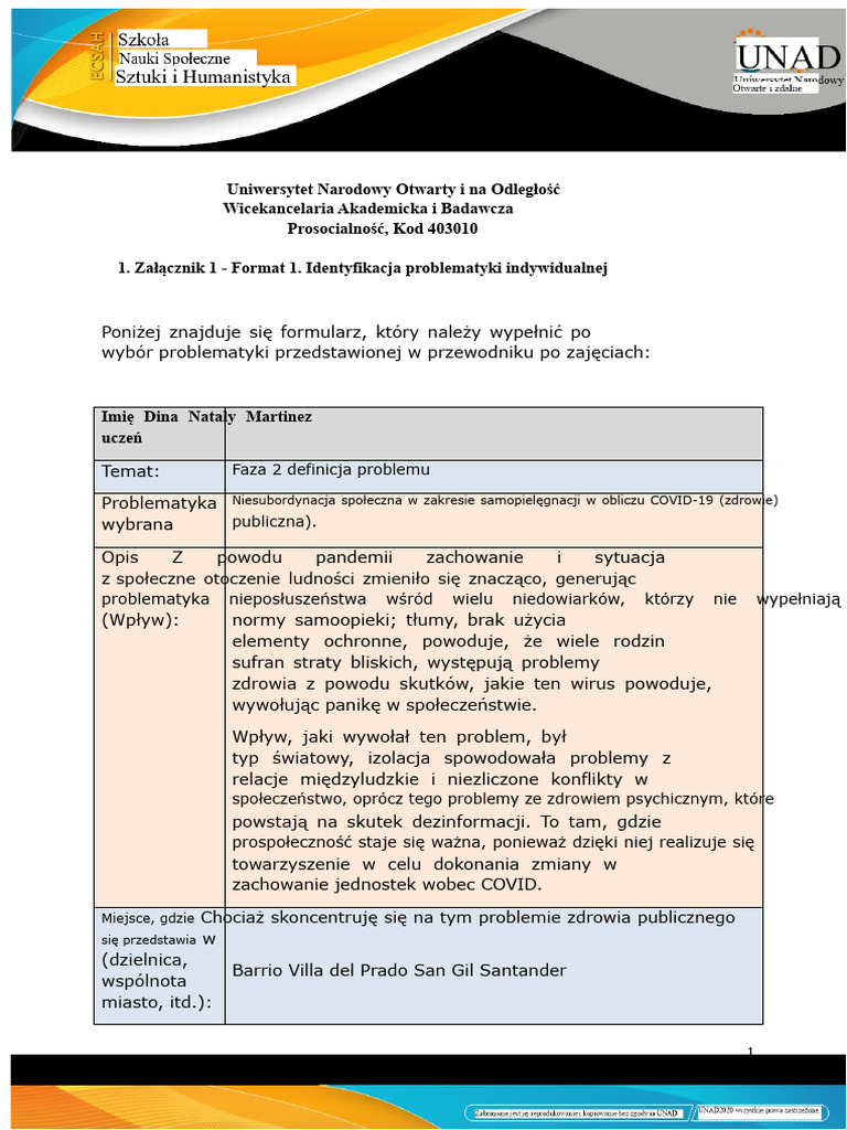 Załącznik 1 - Formularz 1. Identyfikacja Problemu Indywidualnego. | PDF