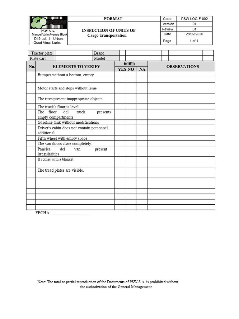 Cargo Transportation Unit Inspection Report | PDF
