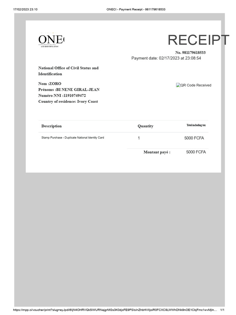ONECI - Payment receipt - 981179618533 | PDF