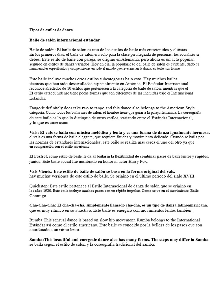 Estilos de Danza: Guía Completa | PDF | Baile de salón | Bailes