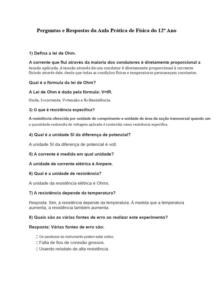 Perguntas e Respostas sobre Física do 12º Ano | PDF | Resistência ...