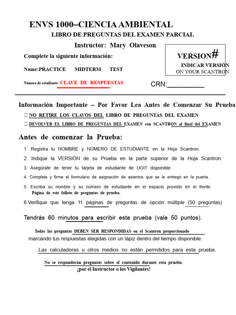Examen Parcial ENVS 1000: Preguntas Clave | PDF | Agua | Entorno natural