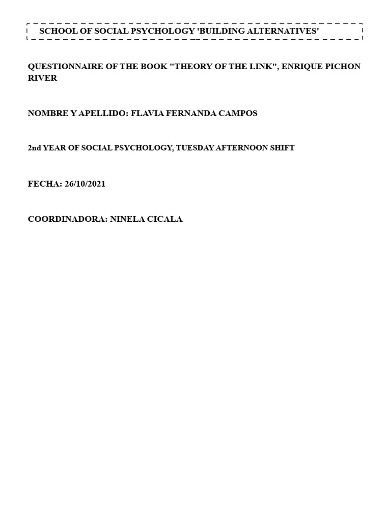 Questionnaire Theory of Attachment | PDF | Experience | Psychoanalysis