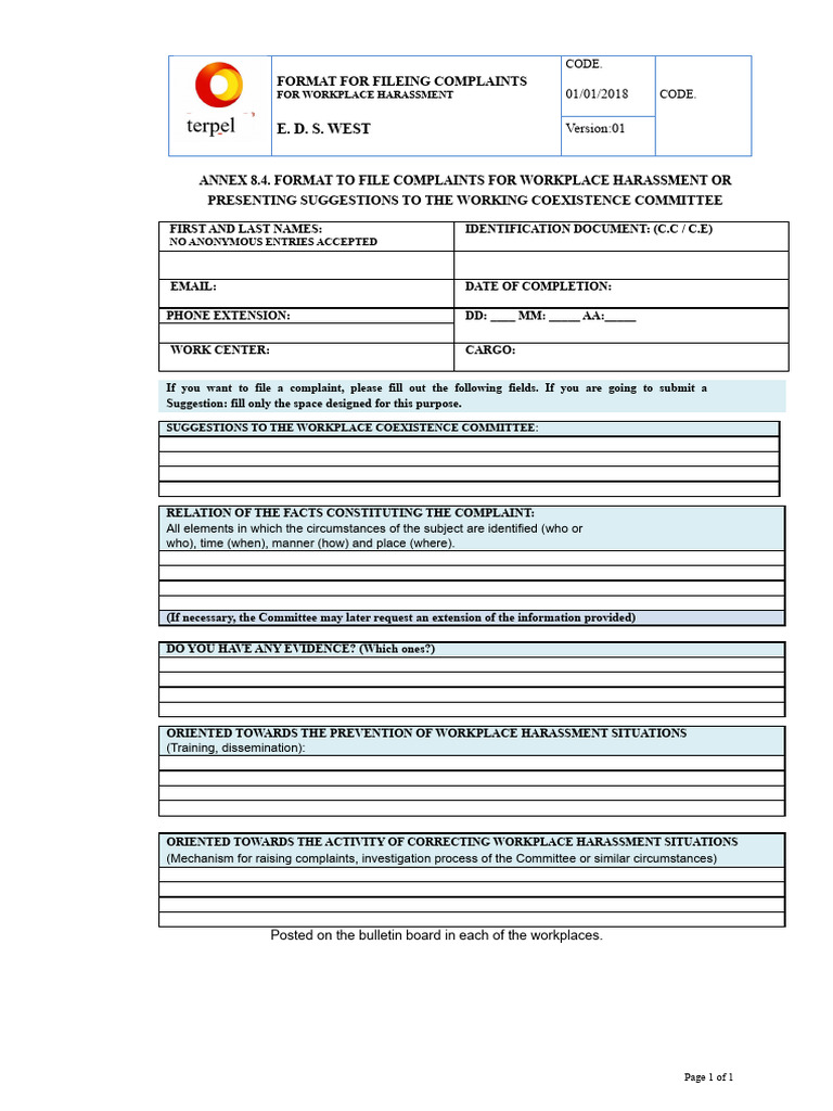 ANNEX 8.4. FORMAT FOR COMPLAINTS OF WORKPLACE HARASSMENT | PDF