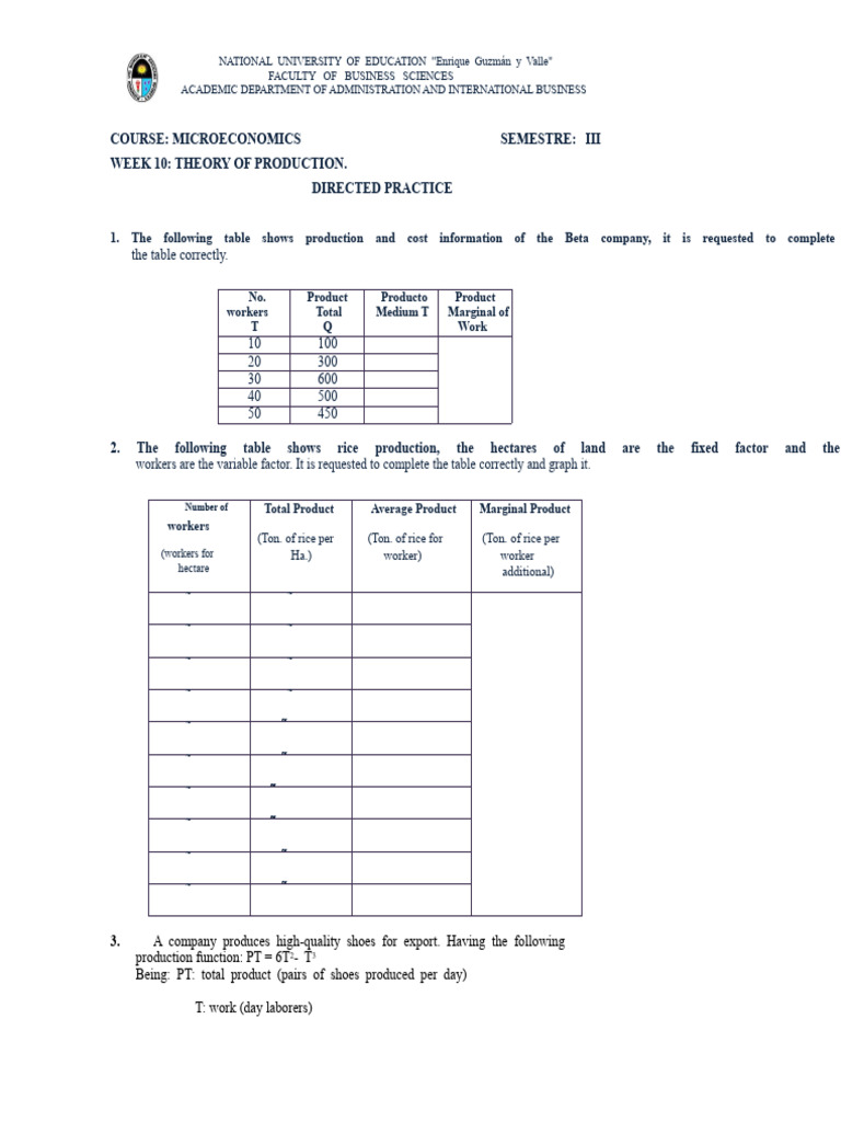 Microeconomics: Production Theory Exercises | PDF | Production Function ...