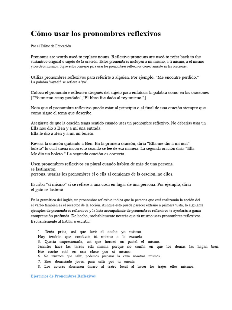 Uso de Pronombres Reflexivos en Español | PDF | Pronombre | Asunto ...