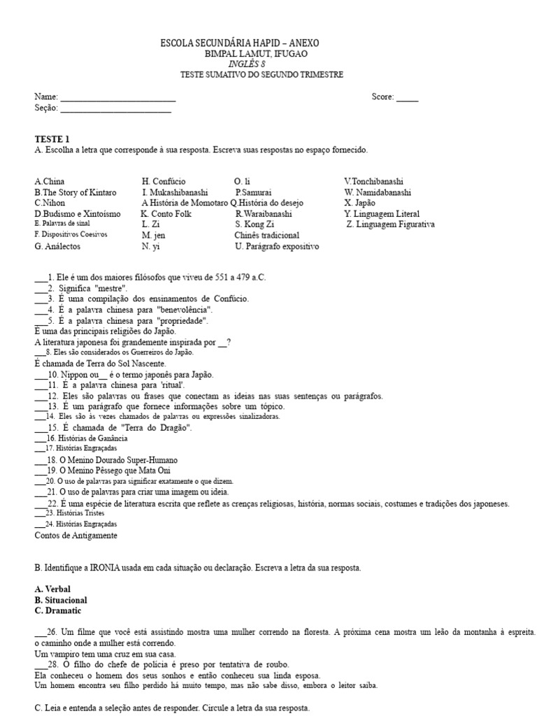 Teste de Inglês 8 - Escola Hapid | PDF | Japão | China