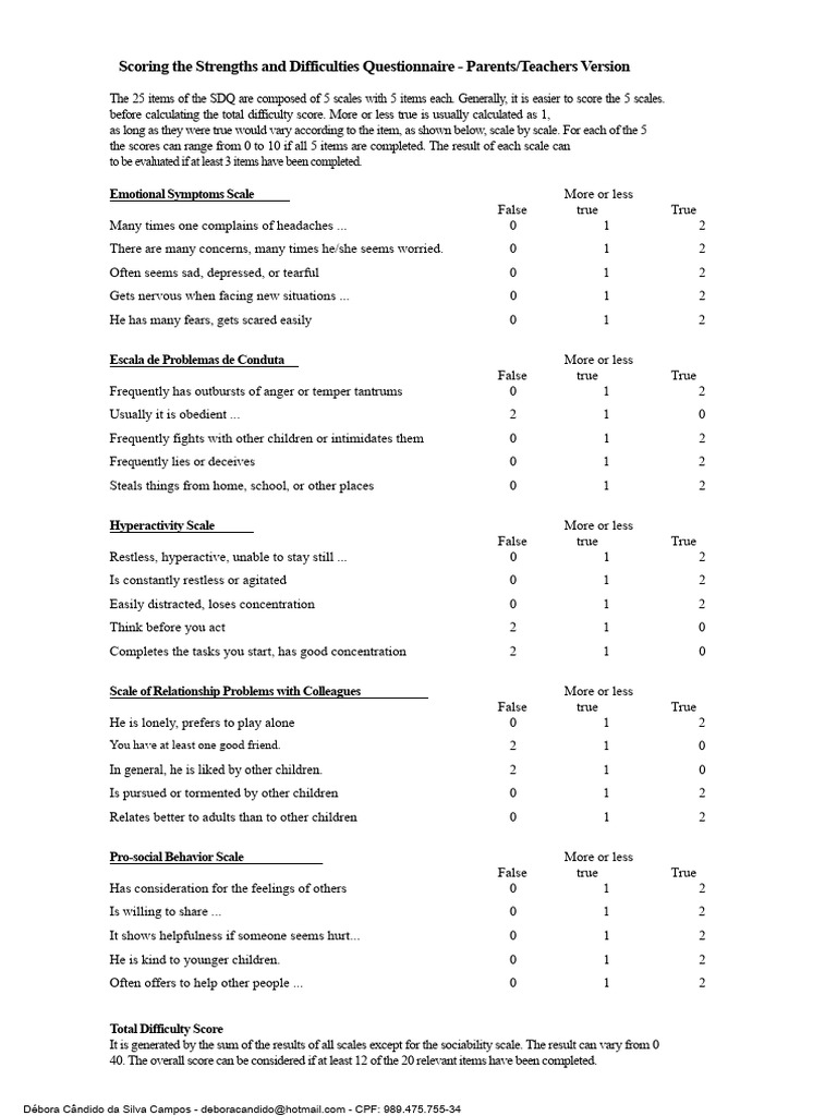 Scoring the Strengths and Difficulties Questionnaire | PDF | Attention ...
