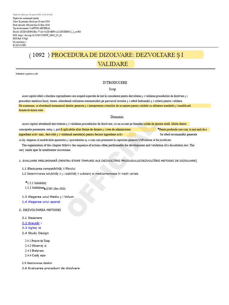 USP-NF 1092 Procedura de Dizolvare - Dezvoltare Și Validare | PDF
