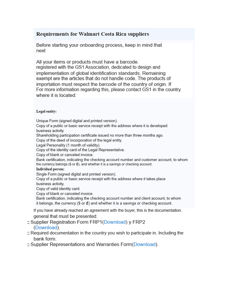 Walmart Costa Rica Supplier Requirements | PDF