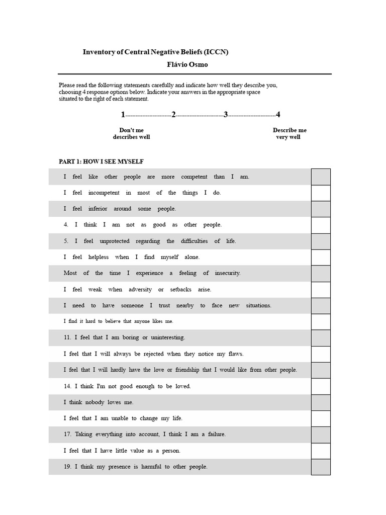 Central Negative Beliefs Inventory | PDF | Social Psychology | Psychology