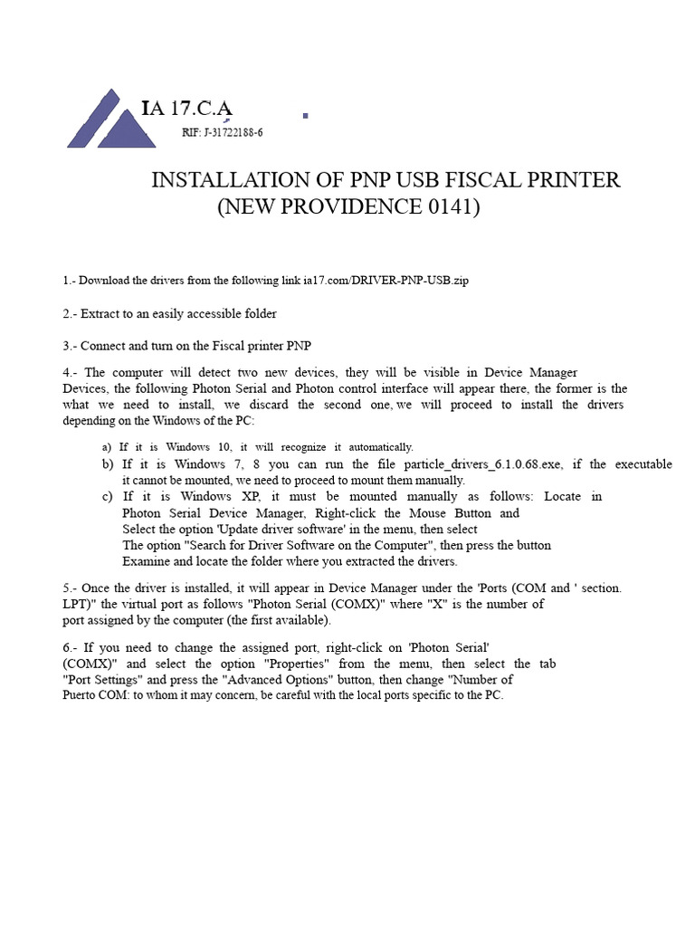 PNP USB Fiscal Printer Installation Guide | PDF