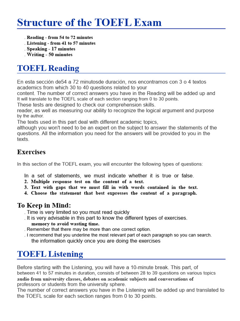 TOEFL Exam Structure Overview | PDF | Test Of English As A Foreign ...