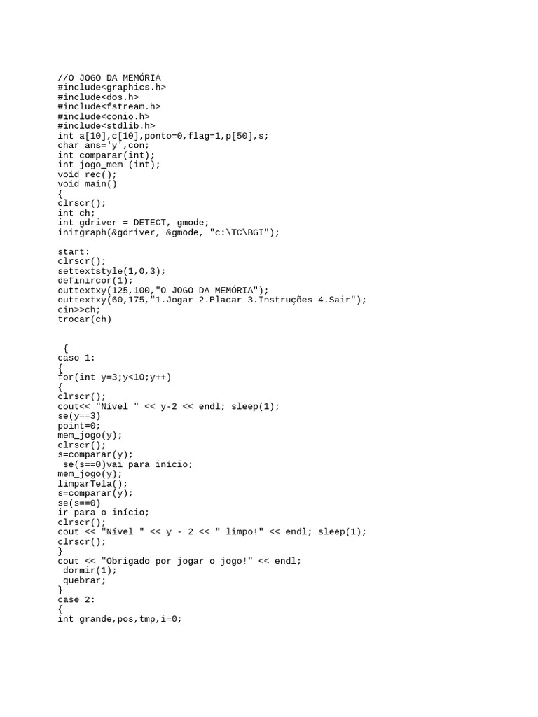 Jogo da Memória em C++: Instruções e Código | PDF | Armazenamento de ...