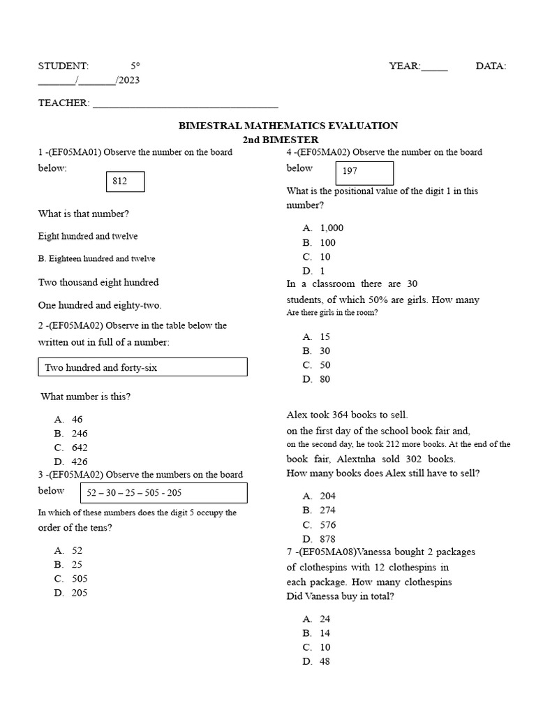 2nd Bimester Math & Portuguese Evaluation | PDF