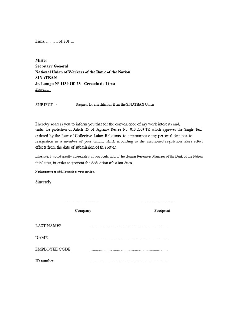 Request for Union Disaffiliation Letter | PDF
