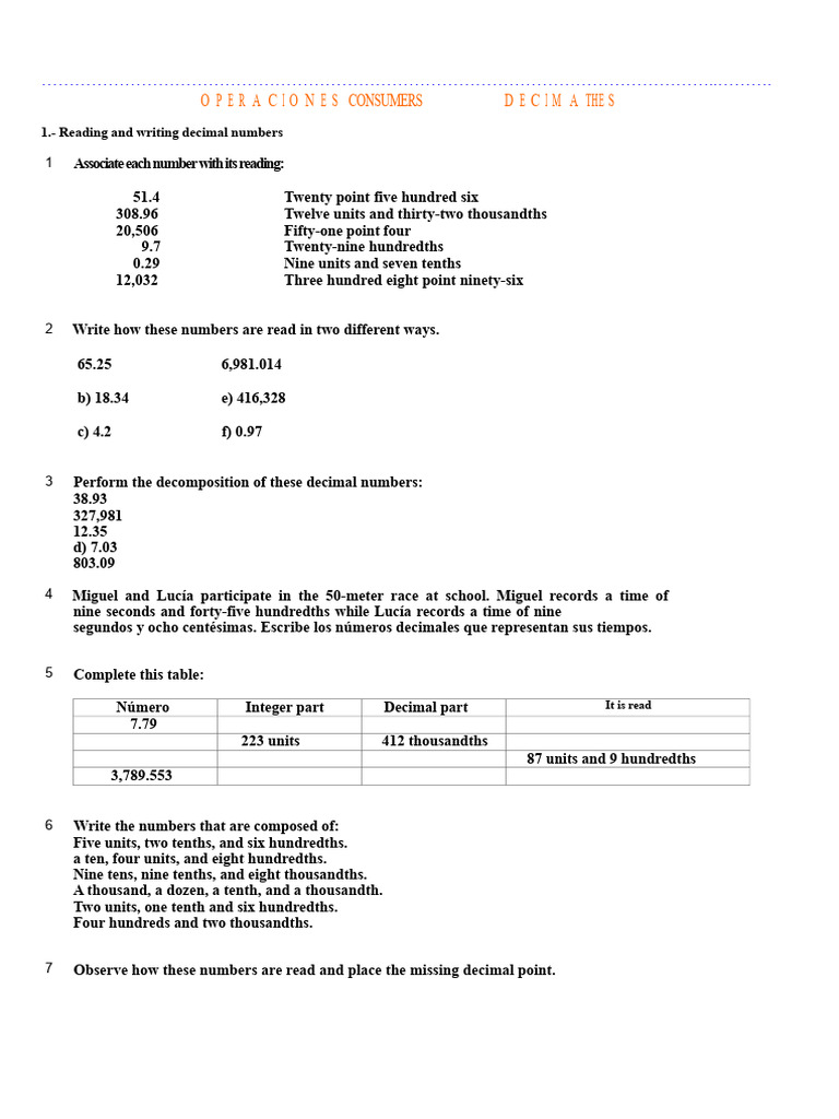 Workshop 1 Operations With Decimal Numbers | PDF | Numbers ...
