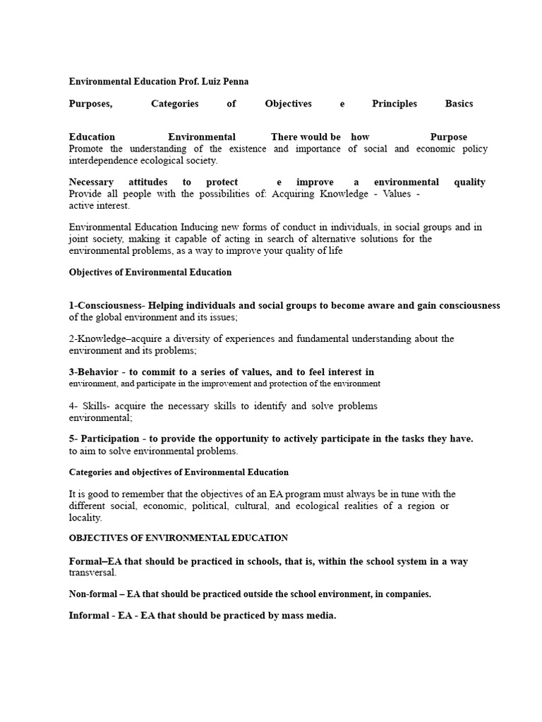 Principles and Objectives of Environmental Education | PDF | Knowledge ...