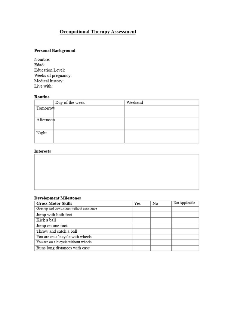 Occupational Therapy Assessment Form | PDF | Somatosensory System ...
