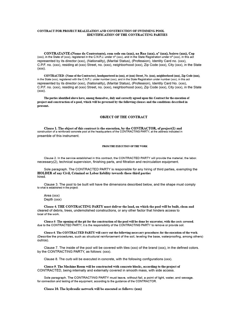 Swimming Pool Construction Contract | PDF | Indemnity | Private Law