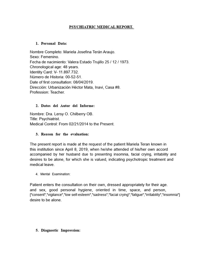 PSYCHIATRIC MEDICAL REPORT | PDF | Major Depressive Disorder | Psychiatry