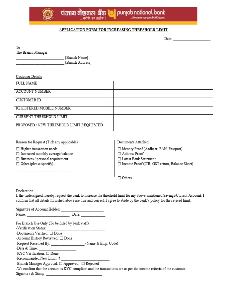 Threshold Limit Increase Application Form | PDF