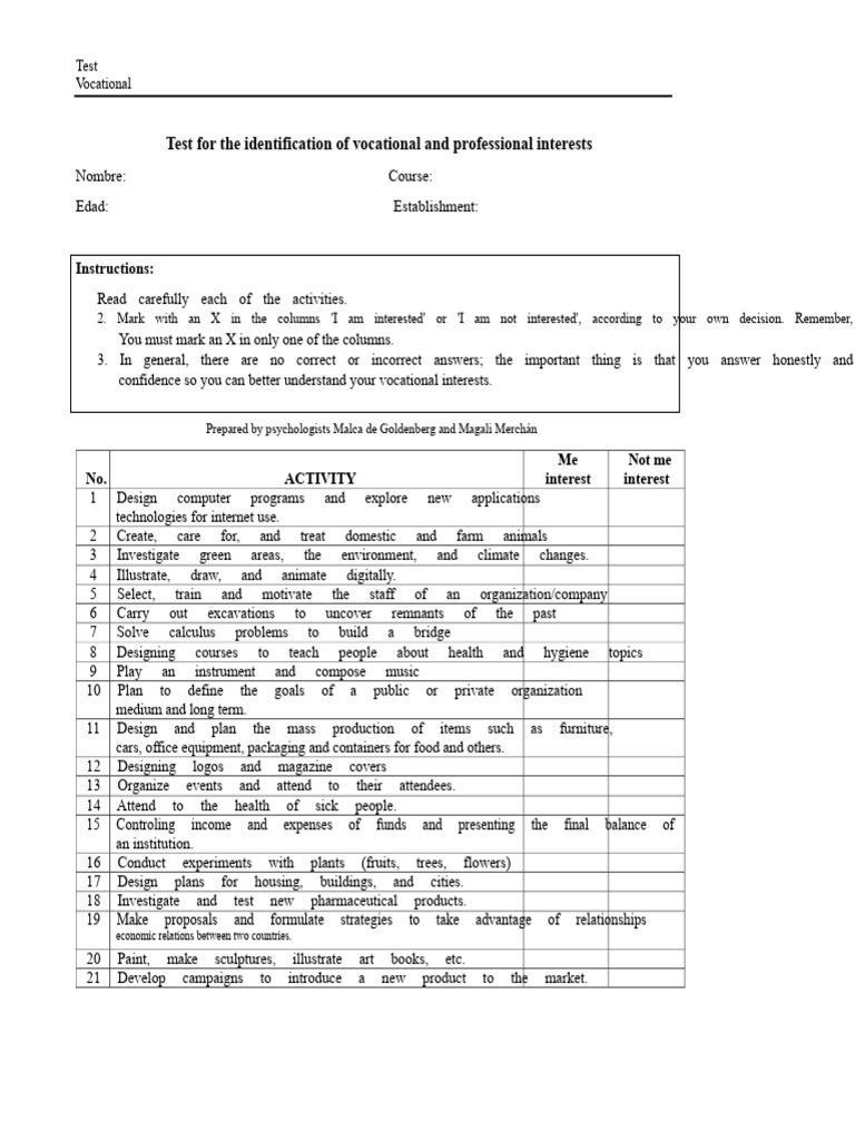 Vocational Interest Identification Test | PDF