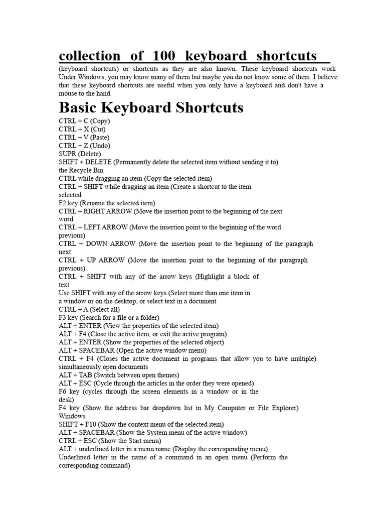 Collection With 100 Keyboard Shortcuts | PDF | Window (Computing ...
