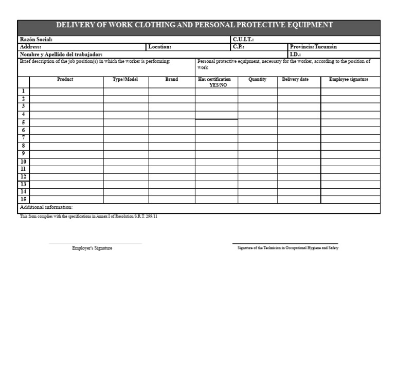 Work Clothing & PPE Delivery Form | PDF