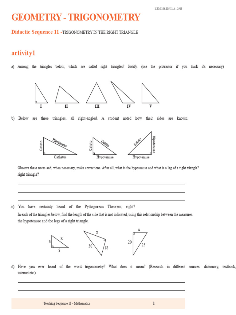 Trigonometry in Right Triangles Activities | PDF | Trigonometric ...