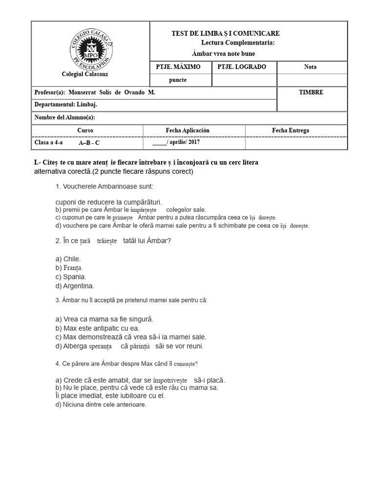 Testul Amber Vrea Note Bune | PDF