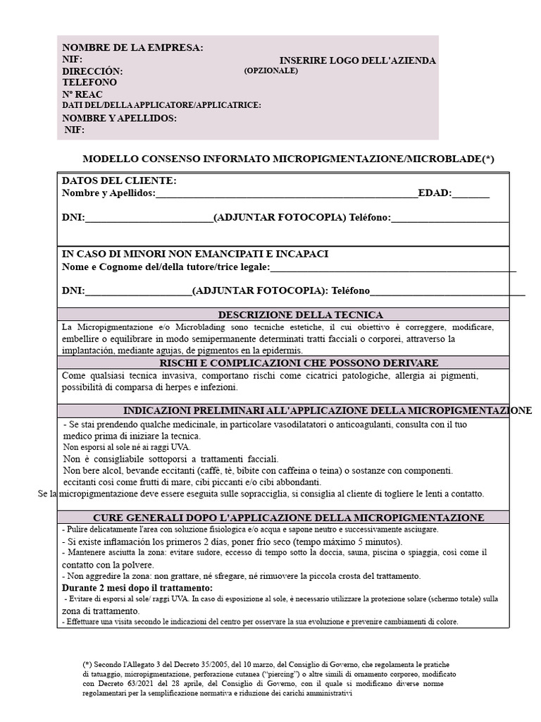 Modello Di Consenso Informato Micropigmentazione | PDF