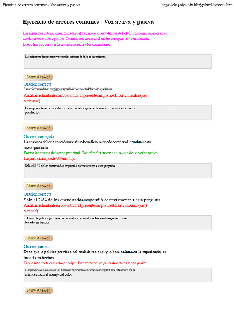 Ejercicio de Errores Comunes - Voz Activa y Pasiva | PDF | Objeto ...