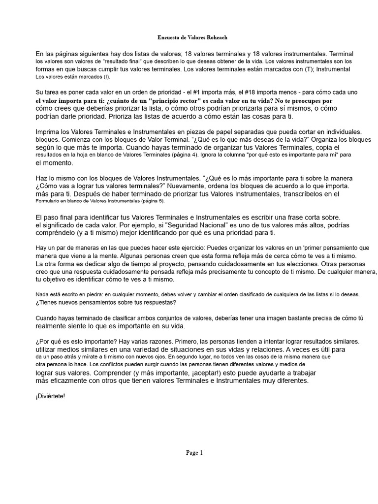 Prioriza tus Valores Rokeach | PDF | Conceptos psicologicos | Sicología