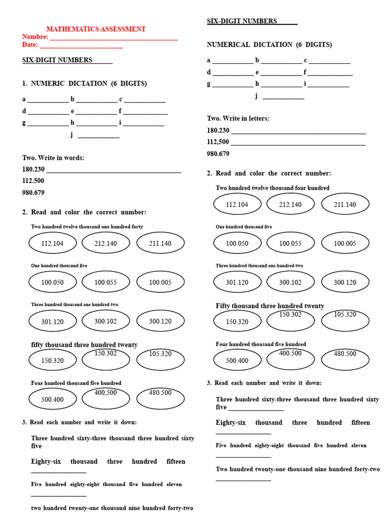 Six-Digit Numbers Assessment Guide | PDF