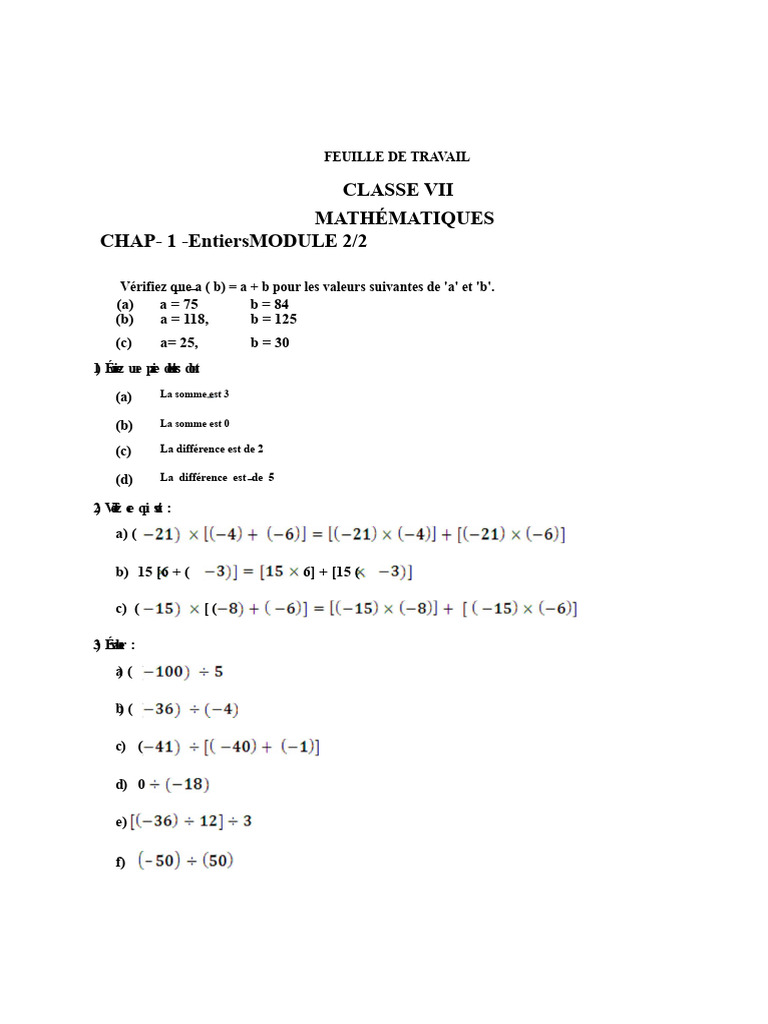 Exercices de mathématiques pour la classe VII | PDF | Mathématiques ...