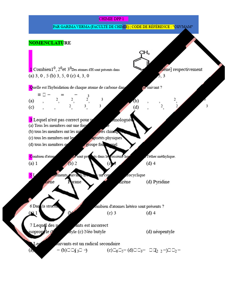 Questions de chimie organique DPP 1 | PDF | Chimie | Groupe fonctionnel