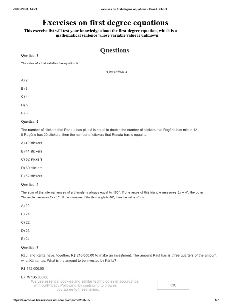 First-Degree Equation Exercises | PDF | Equations | Angle