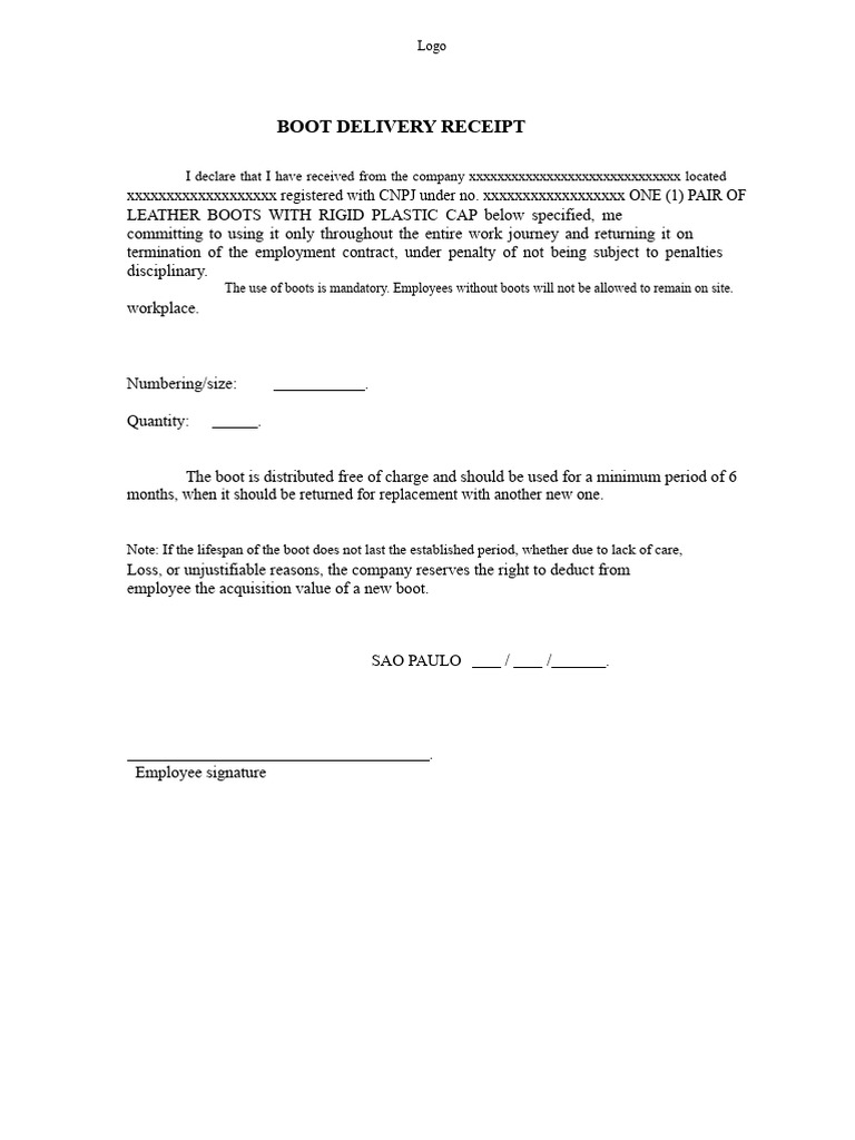 Boot Delivery Receipt for Employees | PDF