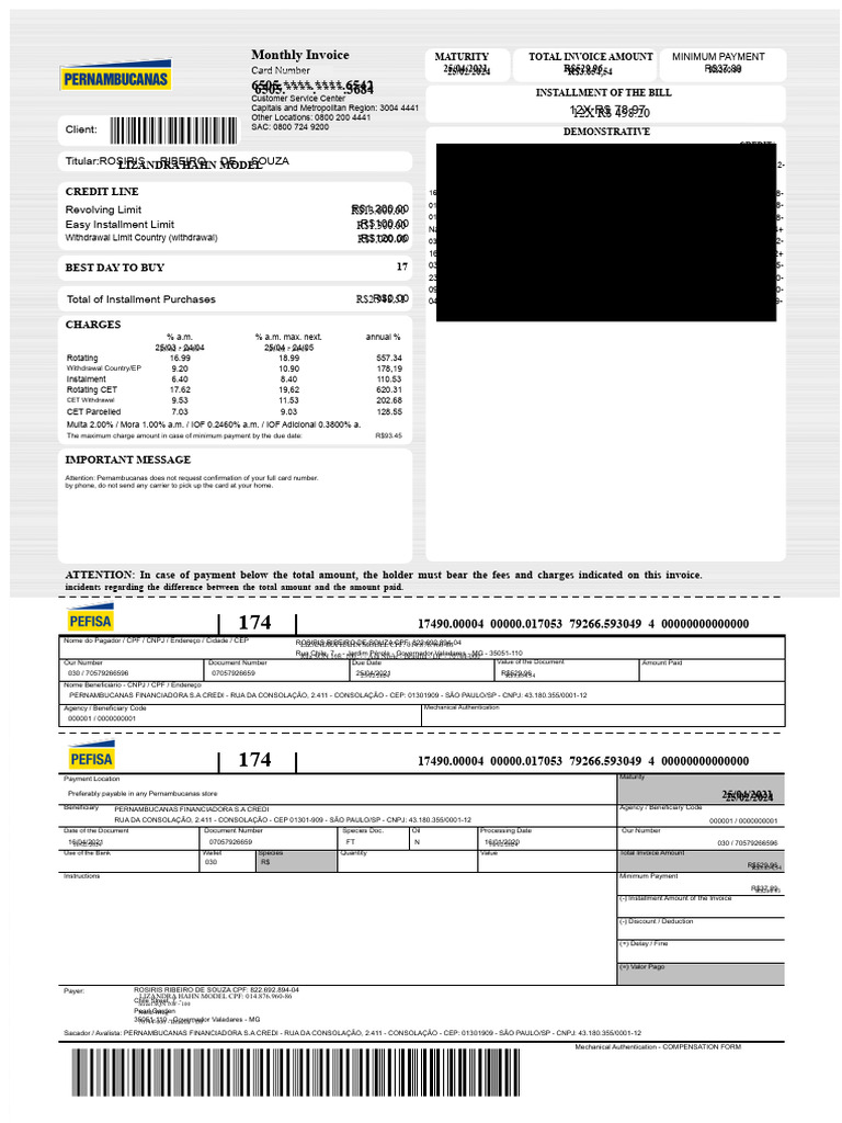 Monthly Invoice Details for Rosiris | PDF | Credit | Finance & Money ...