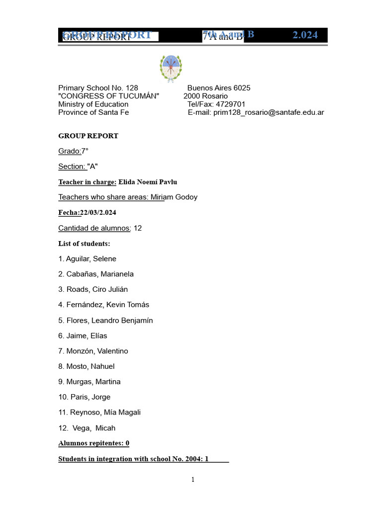 7th Grade Group Report 2024 | PDF | Learning