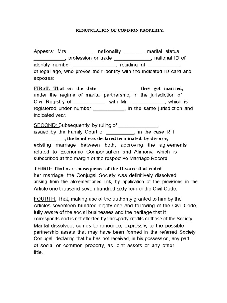 Renunciation of Common Property Document | PDF | Marriage | Divorce