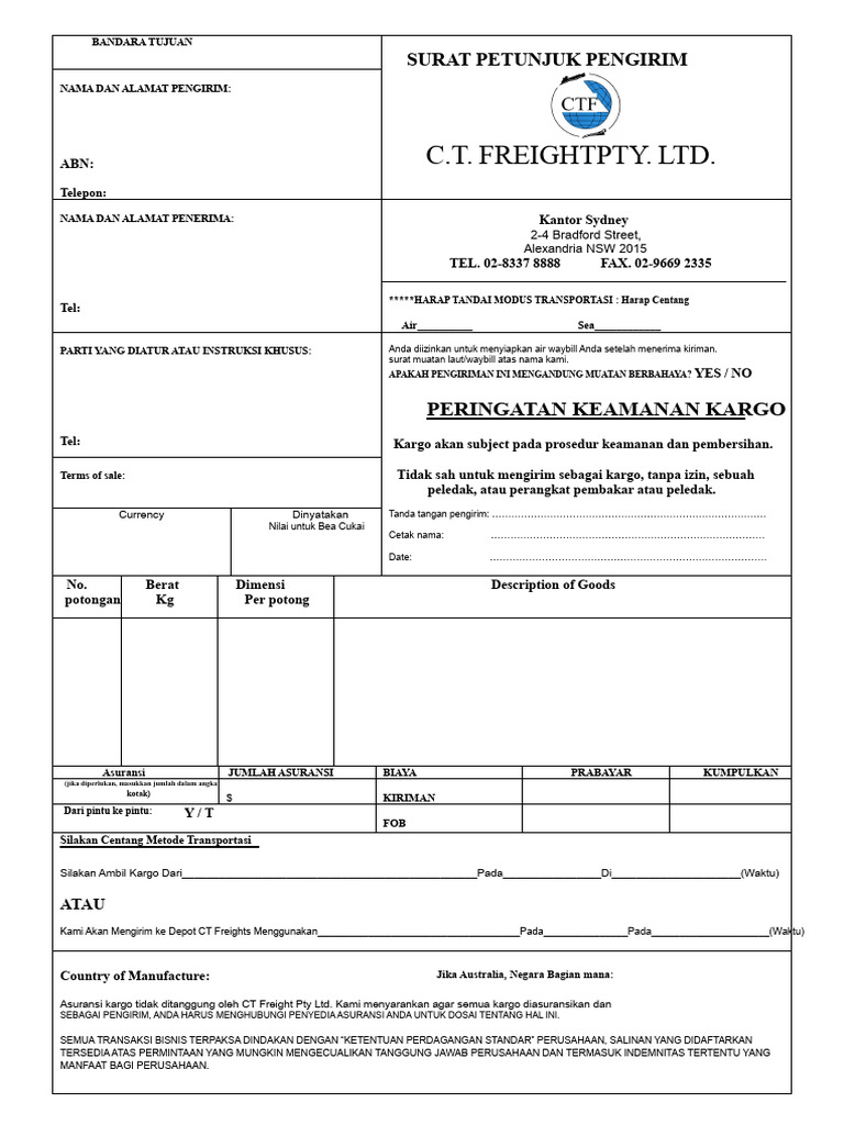 Petunjuk Pengiriman Kargo CT Freight | PDF