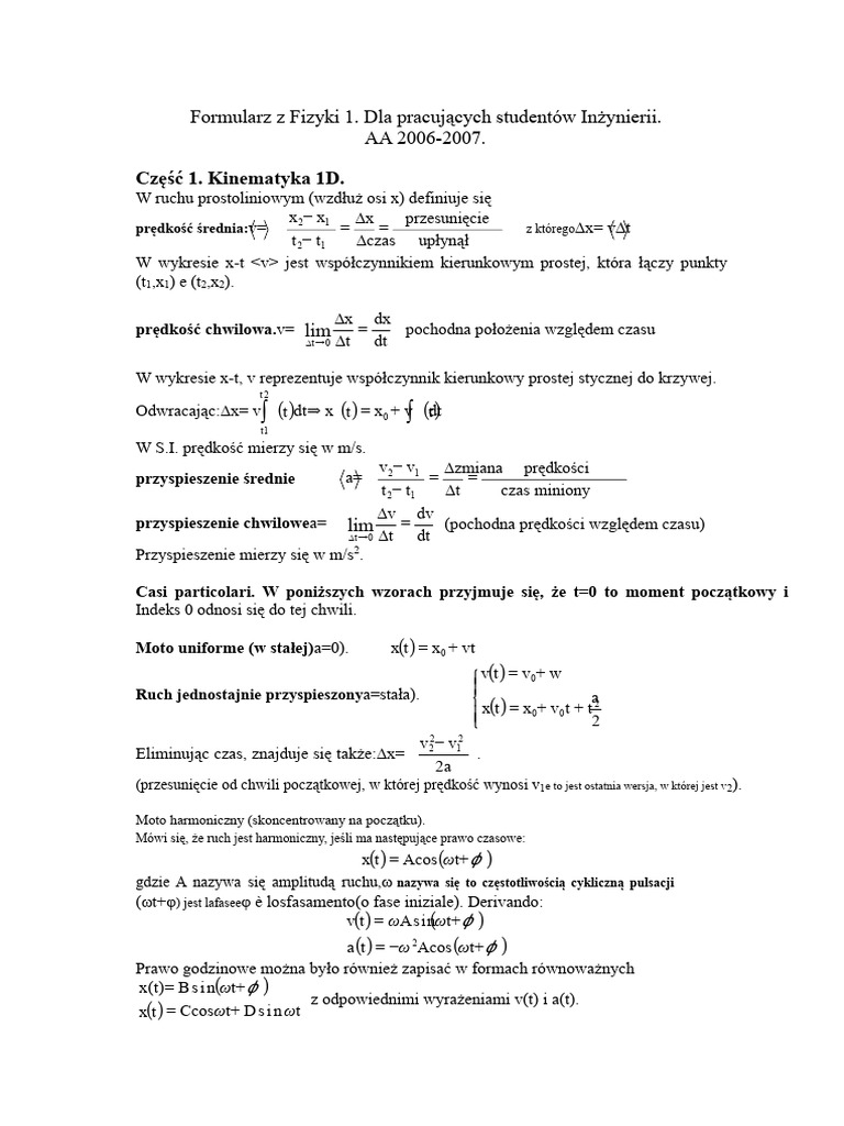 Formularz Fizyki 1 | PDF