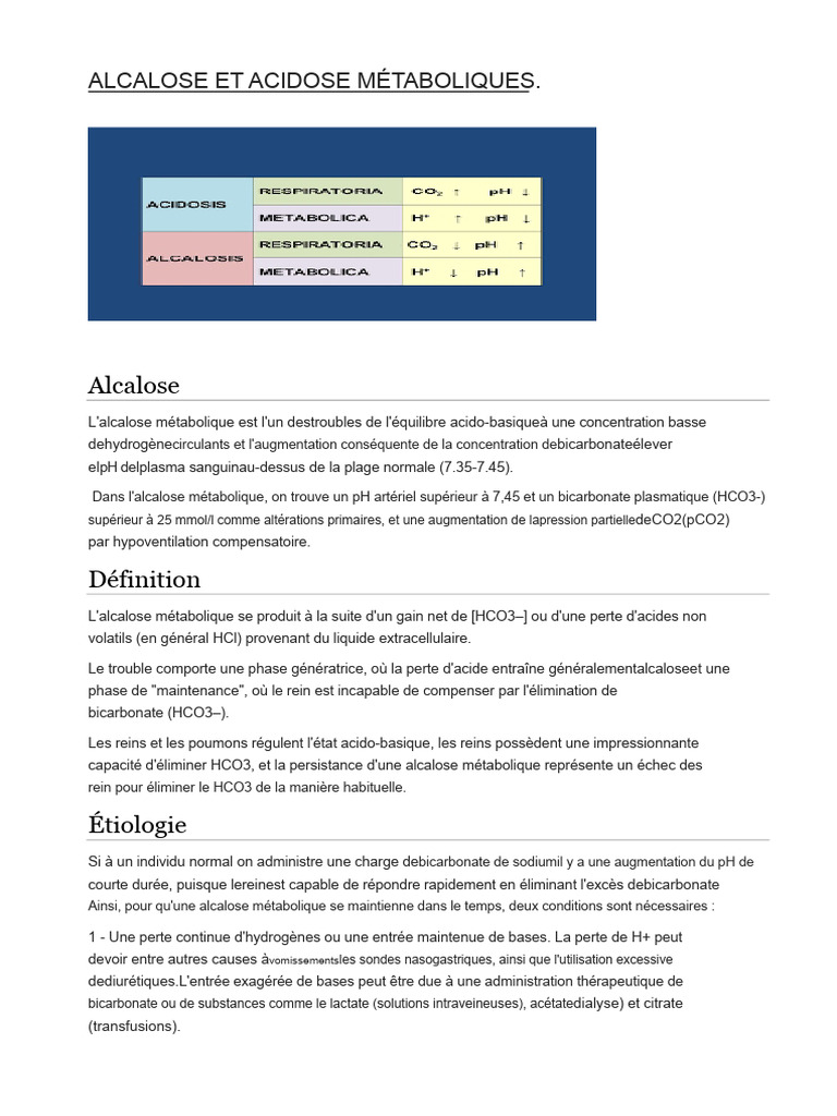 Alcalose métabolique : causes et symptômes | PDF | Physiologie