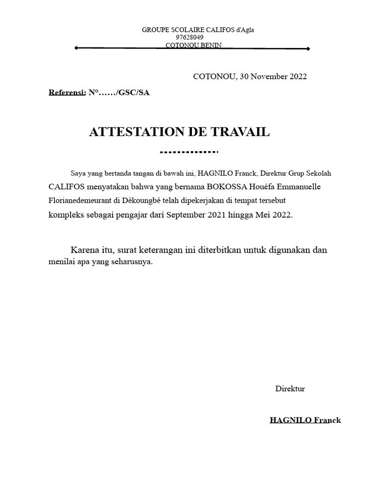 Surat Keterangan Kerja Pengajar CALIFOS | PDF