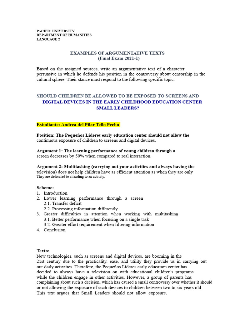 Examples of Argumentative Texts (Digital Devices) | PDF | Attention ...