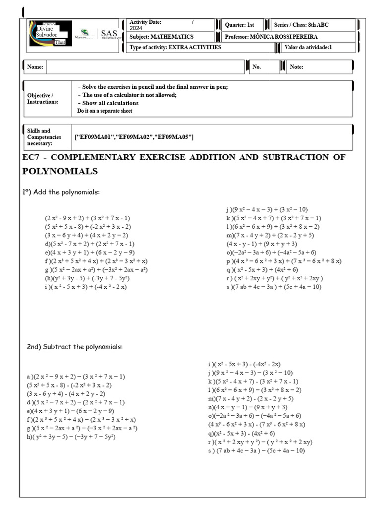 8th Grade Math Polynomial Exercises | PDF | Subtraction | Mathematical ...