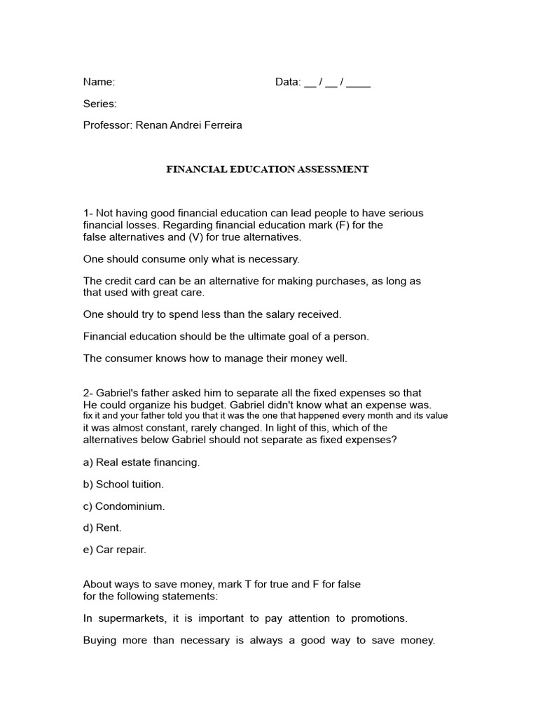 Financial Education Assessment Guide | PDF | Expense | Money